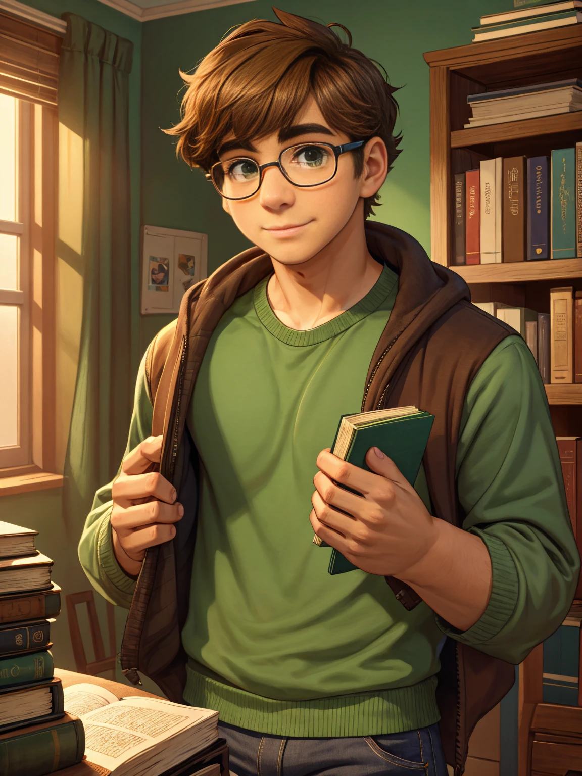 Cute, nerdy boy, brown hair, delicate face, beautiful face, shy expression and flushed cheeks, green eyes, delicate mouth, strong body. He's wearing round glasses, nerdy clothes, holding books. Scene, teenager's room.