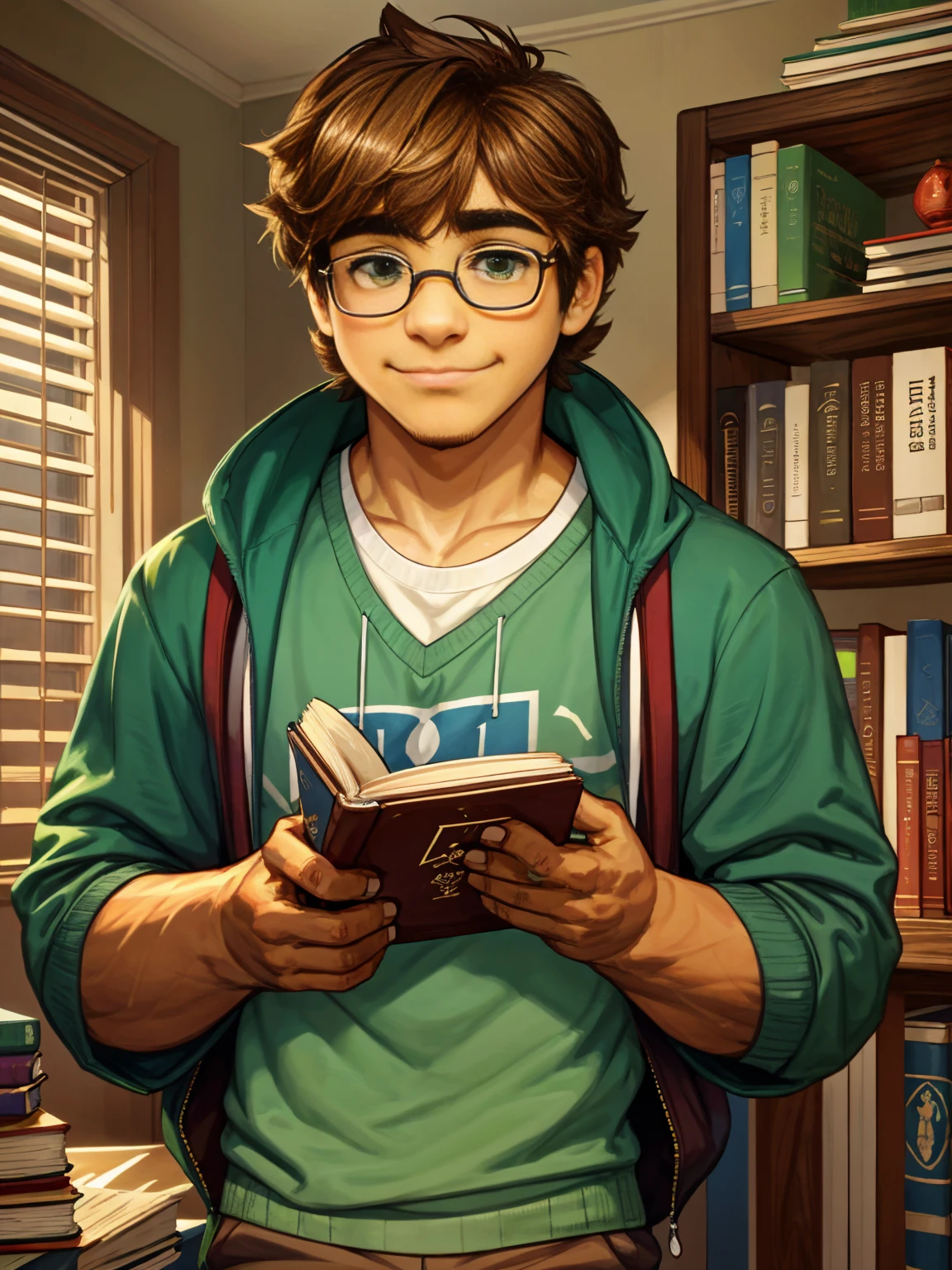 Cute, nerdy boy, brown hair, delicate face, beautiful face, shy expression and flushed cheeks, green eyes, delicate mouth, strong body. He's wearing round glasses, nerdy clothes, holding books. Scene, teenager's room.