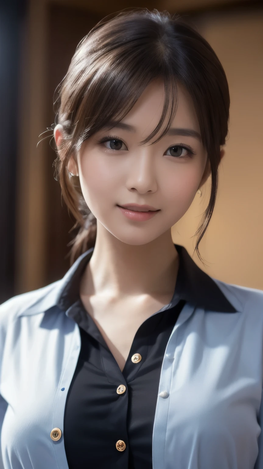 (Buttons that match the length of the shirt: 1.2),  (Unbuttoned shirt: 1.1), big, Deep valley, highest quality, masterpiece, figure, Very delicate and beautiful, Very detailed, CG, Unity, 8k wallpaper, wonderful, The finer details, Very detailedな CG Unity 8k 壁紙, ファイルサイズがbig, Very detailed, High resolution, Handsome detailed woman, Very detailedな目と顔, Stunning eye for detail, Face Light, (best figure: 1.1), (Best Shadow: 1.1), ultra High resolution, (Realistic: 1.1), (Realistic 1.2: 1.1), Realistic Face Proportions, slim, smile, (compensate: 0.4), (fluffy Iris: 1.21), Iris, Viewer&#39;s gaze, Dark brown hair, Bob Hair, Earrings, Cowboy Shot, (Irregular skin defects, vein, Wrinkles on the skin: pores: 1.2), (Dark Night Background: 1.2), (Bokeh: 1.4), shade, Outdoor