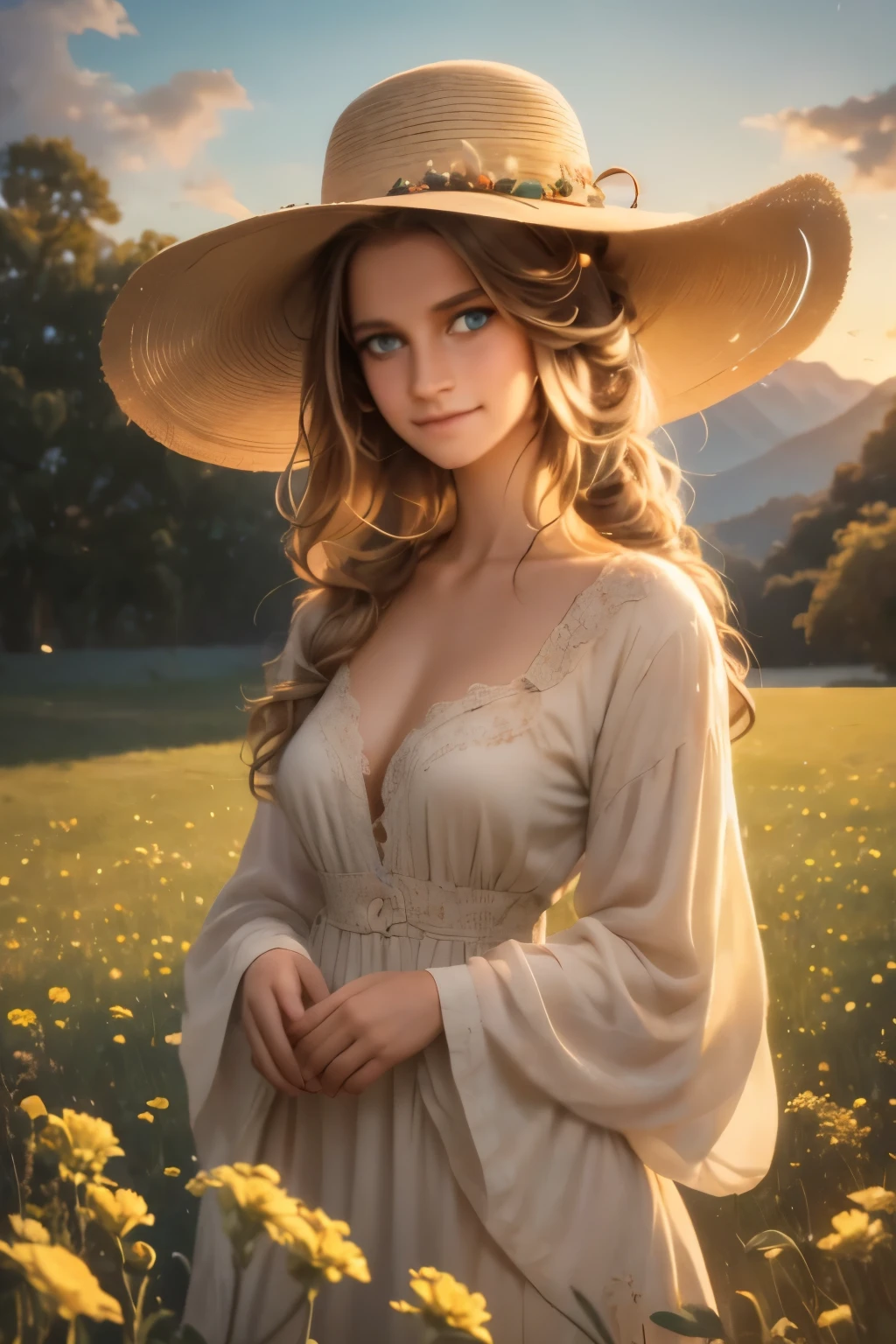As the sun begins to set over a serene meadow, a serene meadow comes to life. In the center of the frame, a young buxom woman with freckles and very long curly blonde hair and a wide-brimmed hat gazes, tenderly into her surroundings. Her blue eyes bulge with a sense of contentment as she gazes towards the stars in the universe she occupies. The air is still, and the scent of fresh flowers fills the air, casting a soft golden glow on the landscape below. The words "innocent smile" are visible and hidden, a reminder of the boundless possibilities that can be found in the realm of imagination.