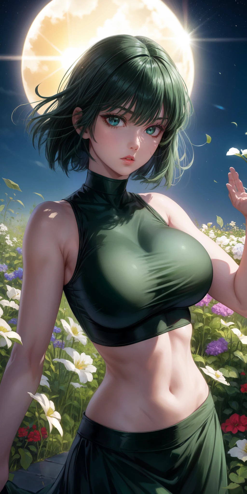 realistic, 1girl, Fubuki, green hair, green eyes, big round breasts, pure white skin, shining eyes, dark green crop top, dark green skirt, parted lips, rouge, night, flowers, sun, sunshine