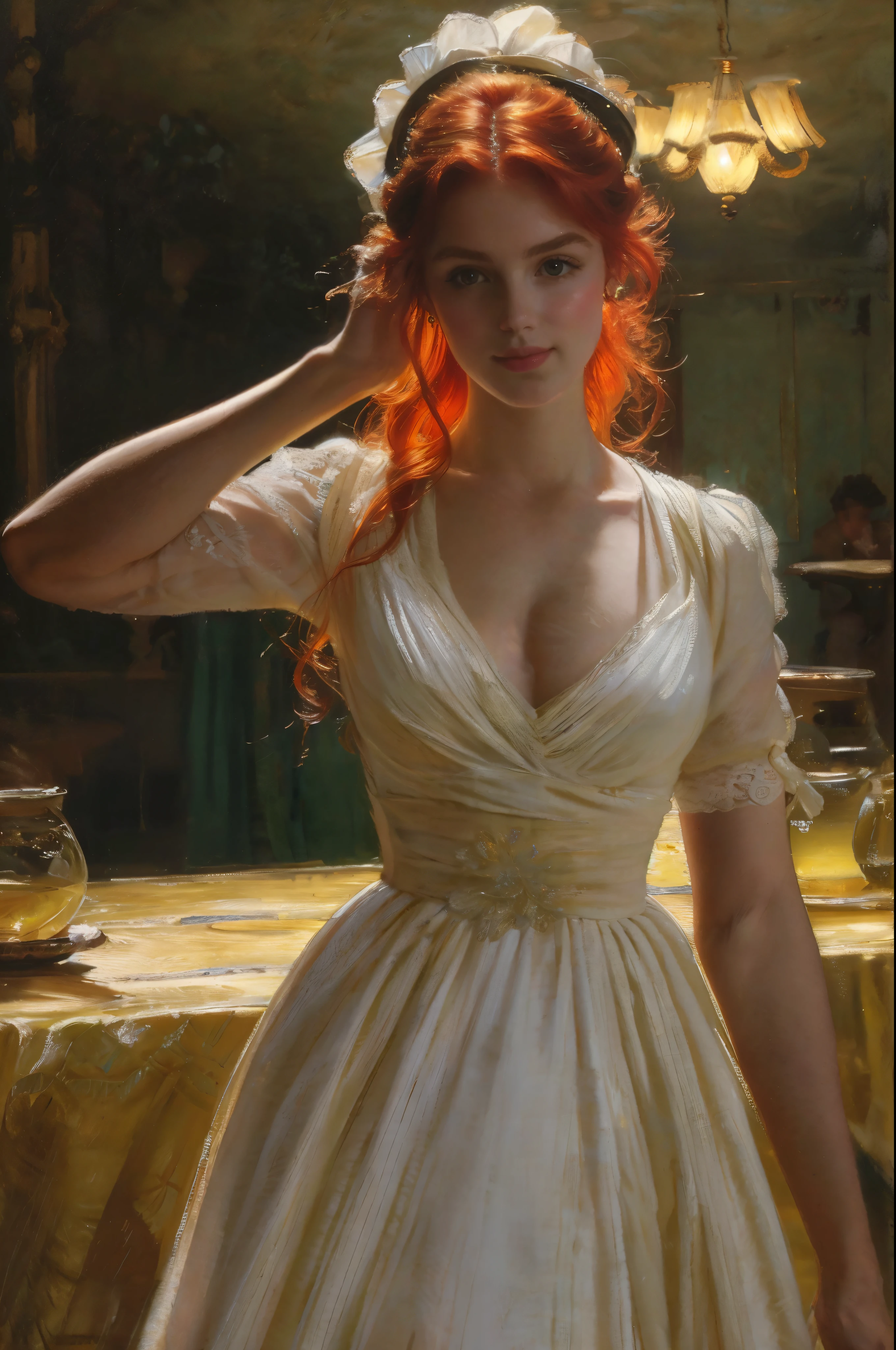 Create an image that captures the essence of classical art and award-winning painting, drawing inspiration from Monet oil paintings. Visualize a enchanting oil painting of beautiful red hair female wearing maid dress in a Cafe. Her skin should be meticulously detailed, with eyes that glow with life, and a facial structure that fits the golden ratio of attractiveness, including clear double eyelids. | She is moving with a dynamic and bold grace. The setting is a cafe with an indoor garden, with her poised under the warm light of sunlight, casting striking shadows around her. Capture her from a low angle to reveal her whole body in a dynamic pose, adding to the intensity of the scene. She looks dreamy, her expression both engaging and ethereal. | Rendered in ultra-high detail and quality, this masterpiece ensures anatomical correctness and textured skin with super detail. With a focus on high quality and accuracy, this award-winning portrayal captures every nuance in stunning 16k resolution, immersing viewers in its lifelike depiction. | ((beautiful red hair female):1.1), ((maid dress):1.1), ((in a cafe):1.1), ((indoor garden):1.1). | (((anatomical correctness))), (((perfect_fingers))), (((perfect_legs))), (((perfect_hands))), ((perfect_composition, perfect_design, perfect_layout, perfect_detail, ultra_detailed)), ((enhance_all, fix_everything)), More Detail, Enhance.
