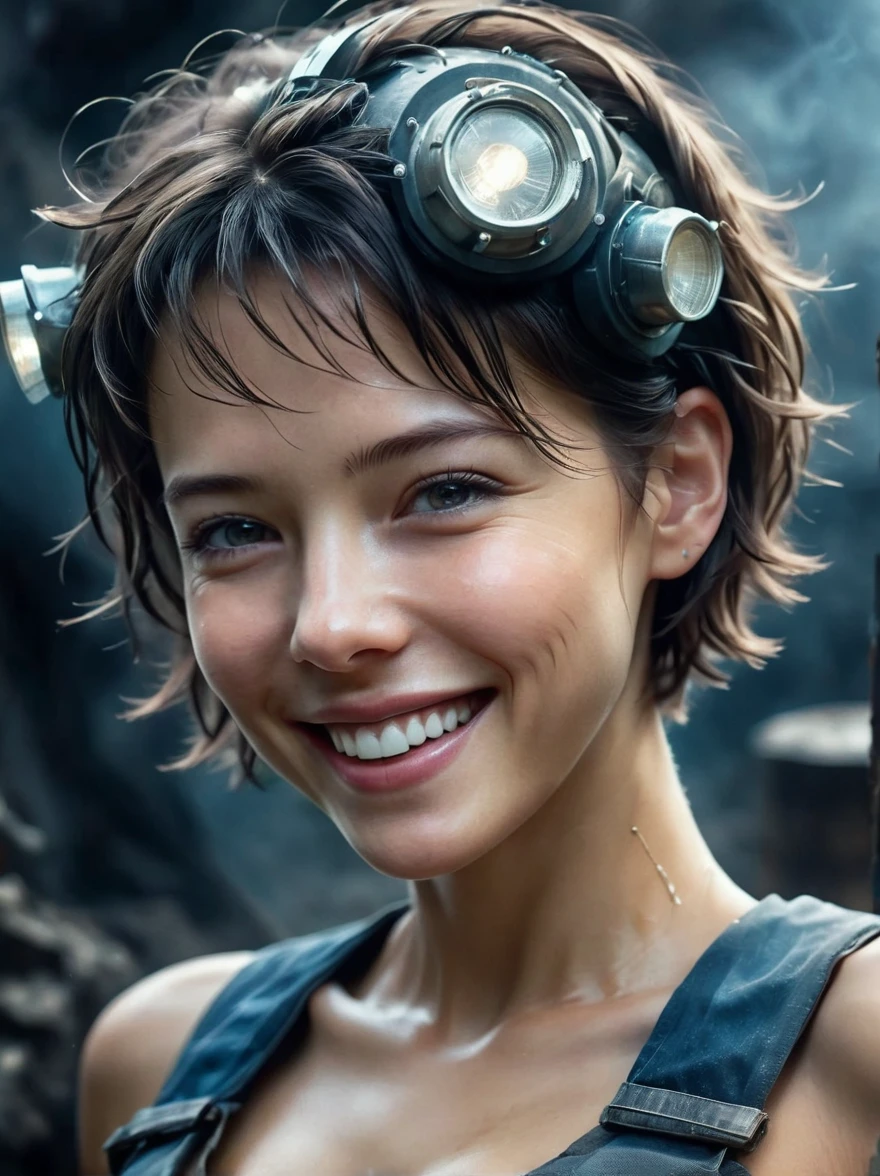 Analog style, high resolution, (((masterpiece))), Coal miners, woman, (Sexy:0.9), dirty, Cyberpunk, Futuristic, Science Fiction, Very detailed, short hair, Award-winning poster, (((Reality))), , Emphasize body lines, The biggest smile staring at the camera, Looking at the camera, Perfect smile, Staring at the camera with a bright smile, High-resolution RAW color photography, Professional photography, Extremely exquisite and beautiful, Extremely detailed, Fine details, Very large file size, Top quality, 8K, Photos taken with a SLR camera