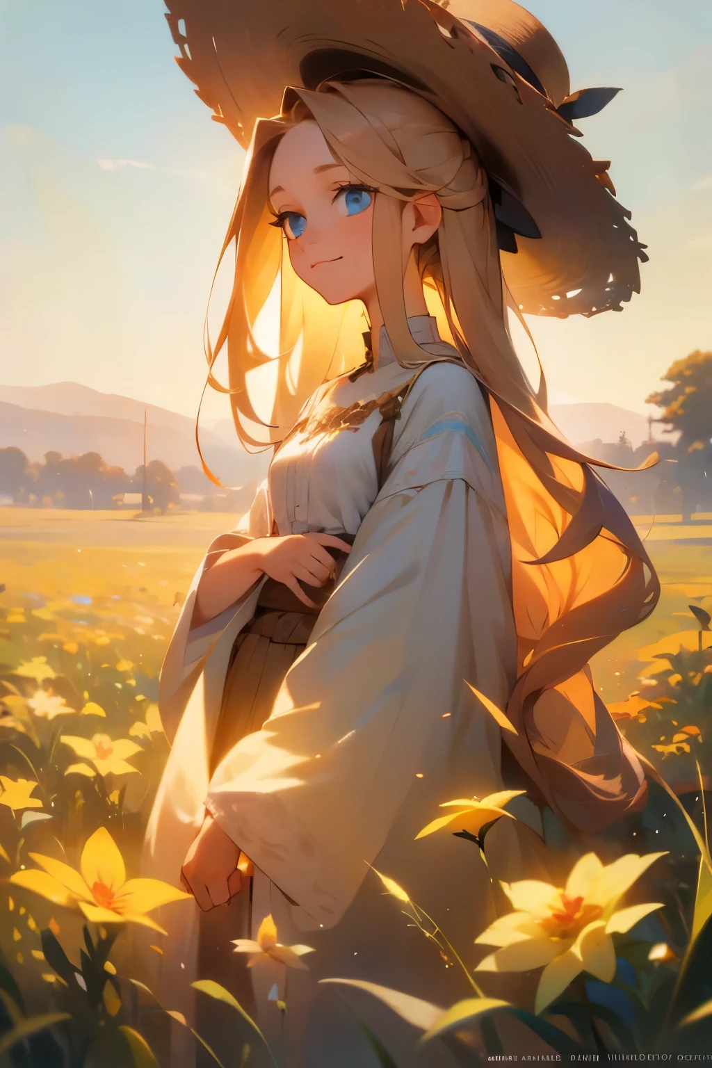 As the sun begins to set over a serene meadow, a serene meadow comes to life. In the center of the frame, a young buxom woman with freckles and very long curly blonde hair and a wide-brimmed hat gazes, tenderly into her surroundings. Her blue eyes bulge with a sense of contentment as she gazes towards the stars in the universe she occupies. The air is still, and the scent of fresh flowers fills the air, casting a soft golden glow on the landscape below. The words "innocent smile" are visible and hidden, a reminder of the boundless possibilities that can be found in the realm of imagination.