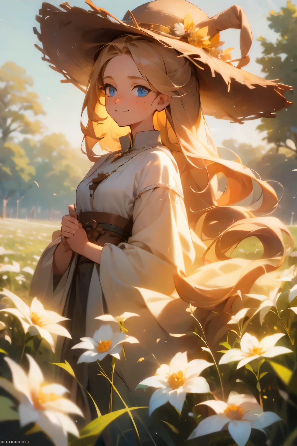 As the sun begins to set over a serene meadow, a serene meadow comes to life. In the center of the frame, a young buxom woman with freckles and very long curly blonde hair and a wide-brimmed hat gazes, tenderly into her surroundings. Her blue eyes bulge with a sense of contentment as she gazes towards the stars in the universe she occupies. The air is still, and the scent of fresh flowers fills the air, casting a soft golden glow on the landscape below. The words "innocent smile" are visible and hidden, a reminder of the boundless possibilities that can be found in the realm of imagination.