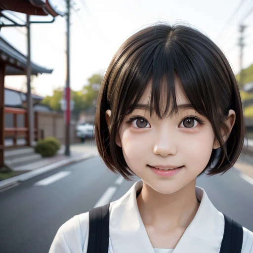 ((かわいい10歳の日本の女の子))、路上で、非常に詳細な顔、非常に細かい粒子の定義, (左右対称の目:1.3), 細部に注意を払う、二重まぶた、美しい細い鼻、シャープなフォーカス:1.2、きれいな女性:1.4、((ピクシーカット))、純白の肌、最高品質、傑作、超高解像度、(現実的:1.4)、非常に詳細でプロフェッショナルな照明、素敵な笑顔、日本の女子高生の制服