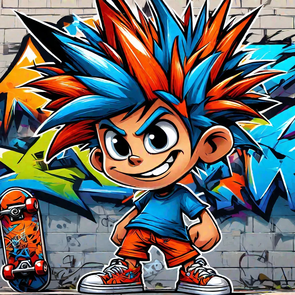 A cartoon graffiti character, vector illustration, a mischievous little boy with spiky, brightly colored hair, a unique and wild style that is easily recognizable, wearing an orange T-shirt, blue shorts, and red shoes. He often has a mischievous grin and stirs up trouble in his nameless town. He is known for his skateboarding skills and nonchalant attitude. Standing in front of a graffiti-style background, adding whimsy to the scene