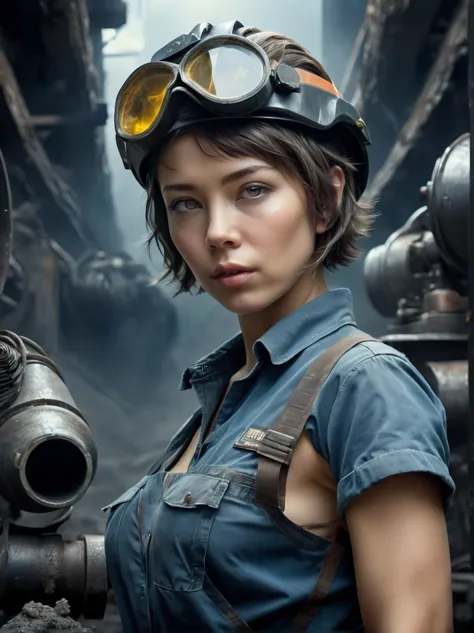 (vision:1.4), (wide angle:1.3), analog style, high resolution, (((masterpiece))), coal miners, woman, (sexy:0.9), (dirty:1.4), c...