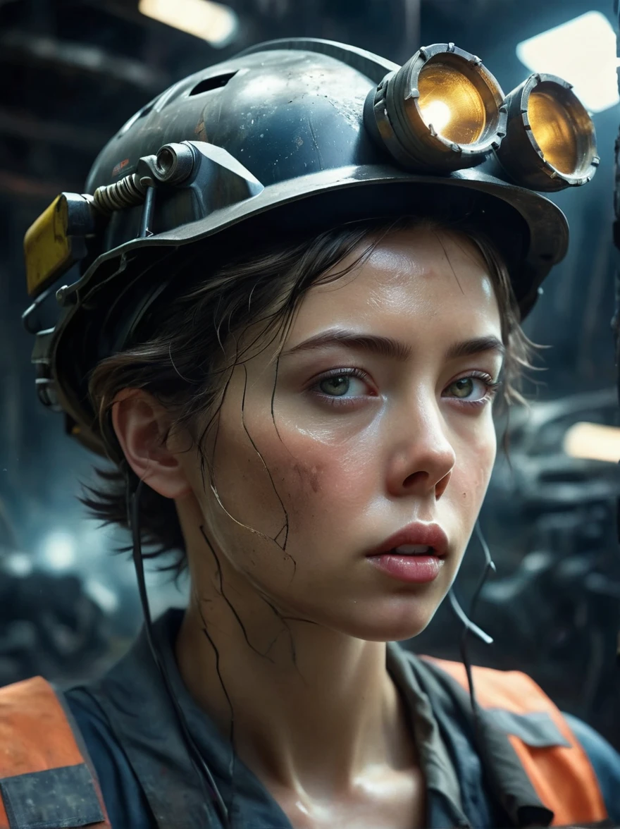 (Vision:1.4), (Wide Angle:1.3), Analog style, high resolution, (((masterpiece))), Coal miners, woman, (dirty:1.4), Cyberpunk, Futuristic, Science Fiction, Very detailed, short hair, Award-winning poster, (((1.4 times more realism))), Emphasize body lines, Staring at the camera, Looking at the camera, High-resolution RAW color photography, Professional photography, Extremely exquisite and beautiful, Extremely detailed, Fine details, Very large file size, Top quality, 8K, Photos taken with a SLR camera