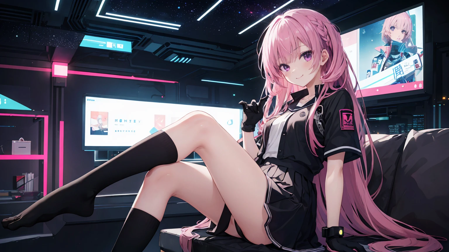 A girl，solo，Pink long hair，gentle，Smile，Medium long hair，Dissemination，White short sleeve，White short sleeve游戏服，Black skirt，Black underwear，Black gloves，Cyberpunk Characters,night, Space background,，Cyberpunk, Anime style 4k, Sitting on the sofa，indoors，In the bedroom，black high-socks，mitsukasa ayase、Character-centered
