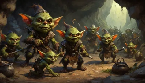 a ragtag horde of goblins, hordes of goblins, goblins charging at viewer, goblins surging forward, evil goblins, hungry goblins,...