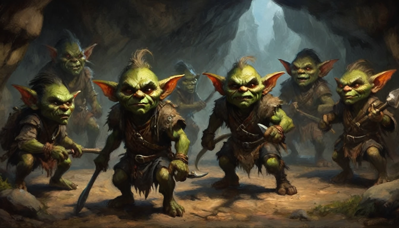 a ragtag horde of goblins, hordes of goblins, goblins charging at viewer, goblins surging forward, evil goblins, hungry goblins, goblins dressed in scrap furs and rags, goblins with big eyes, goblins with big ears, four elite goblins leading from rear, goblin shaman, goblin thief, goblin warrior, goblin warlock, dark cave, cave interior, dramatic lighting, cinematic composition, digital painting, concept art, fantasy, high detail, hyperrealistic, 8k, best quality
