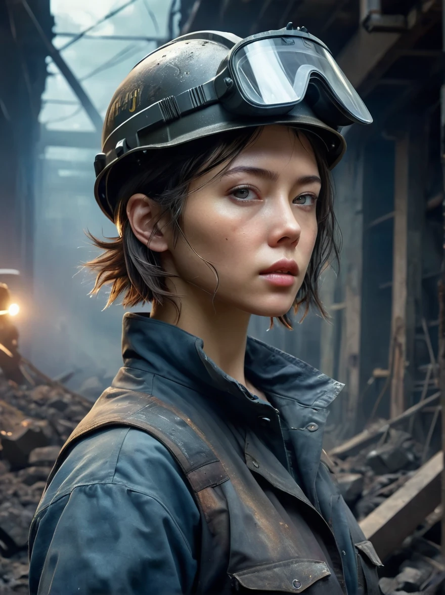 (Vision:1.4), (Wide Angle:1.3), Analog style, high resolution, (((masterpiece))), Coal miners, woman, (Full body image:1.5), (dirty:1.4), (Dirty overalls, Tattered shoes), cyberpunk, futuristic, Science Fiction, Very detailed, short hair, Award-winning poster, (((1.4 times more realism))), Emphasize body lines, Staring at the camera, Looking at the camera, High-resolution RAW color photography, Professional photography, Extremely exquisite and beautiful, Extremely detailed, Fine details, Very large file size, Top quality, 8K, Photos taken with a SLR camera