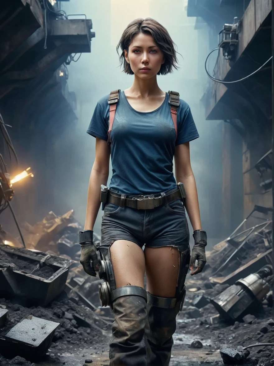 (Vision:1.4), (Wide Angle:1.3), Analog style, high resolution, (((masterpiece))), Coal miners, woman, (Full body image:1.5), (dirty:1.4), (dirty背带裤, Tattered shoes), Cyberpunk, Futuristic, Science Fiction, Very detailed, short hair, Award-winning poster, (((1.4 times more realism))), Emphasize body lines, Staring at the camera, Looking at the camera, High-resolution RAW color photography, Professional photography, Extremely exquisite and beautiful, Extremely detailed, Fine details, Very large file size, Top quality, 8K, Photos taken with a SLR camera