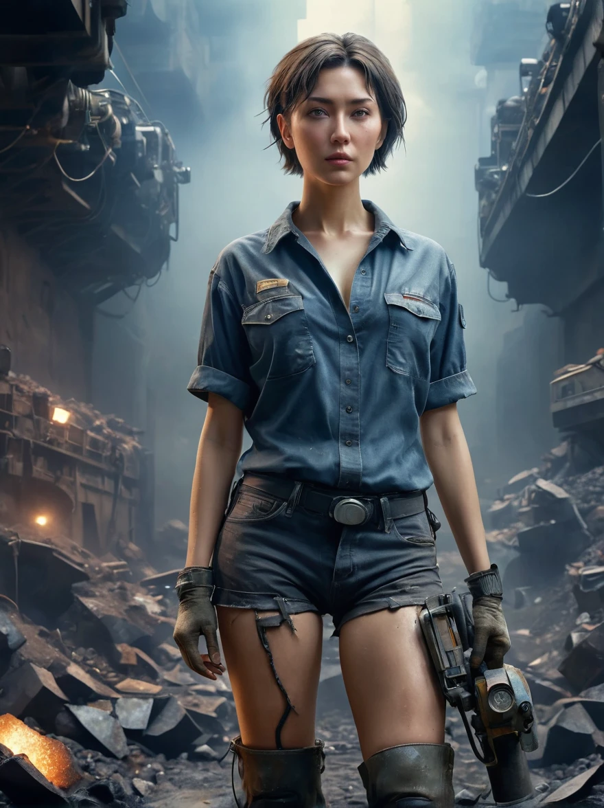 (Vision:1.4), (Wide Angle:1.3), Analog style, high resolution, (((masterpiece))), Coal miners, woman, (Full body image:1.5), (dirty:1.4), (dirty背带裤, Tattered shoes), Cyberpunk, Futuristic, Science Fiction, Very detailed, short hair, Award-winning poster, (((1.4 times more realism))), Emphasize body lines, Staring at the camera, Looking at the camera, High-resolution RAW color photography, Professional photography, Extremely exquisite and beautiful, Extremely detailed, Fine details, Very large file size, Top quality, 8K, Photos taken with a SLR camera