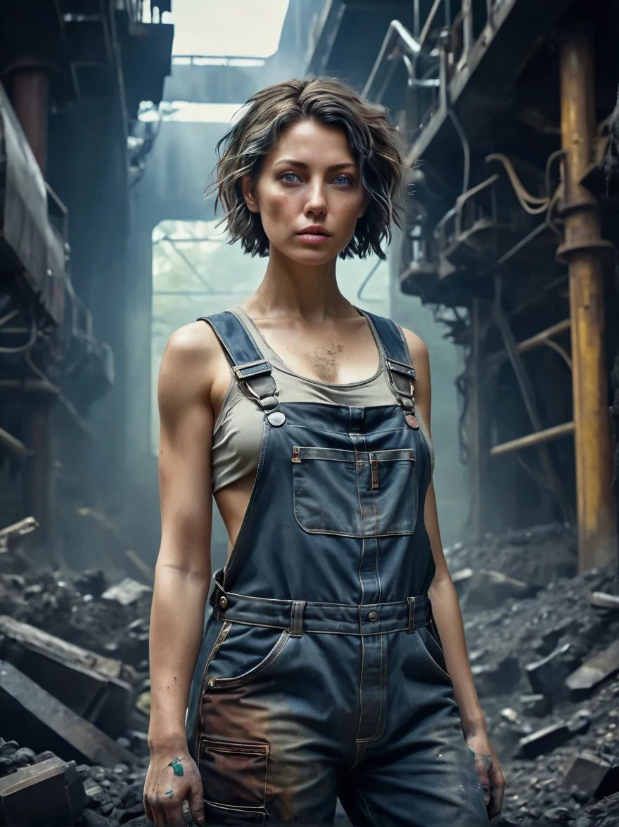 (Vision:1.4), (Wide Angle:1.3), Analog style, Coal miners, woman, (Full body image:1.5), (dirty:1.4), (Dirty overalls, Tattered shoes), Cyberpunk, (Futuristic), (Science Fiction), Very detailed, short hair, Award-winning poster, (((1.4 times more realism))), Emphasize body lines, Staring at the camera, Looking at the camera, High-resolution RAW color photography, Professional photography, Extremely exquisite and beautiful, Extremely detailed, Fine details, Very large file size, Top quality, Photos taken with a SLR camera, multicolored eyes, masterpiece, 8K, anatomically correct, textured skin, accurate, award winning