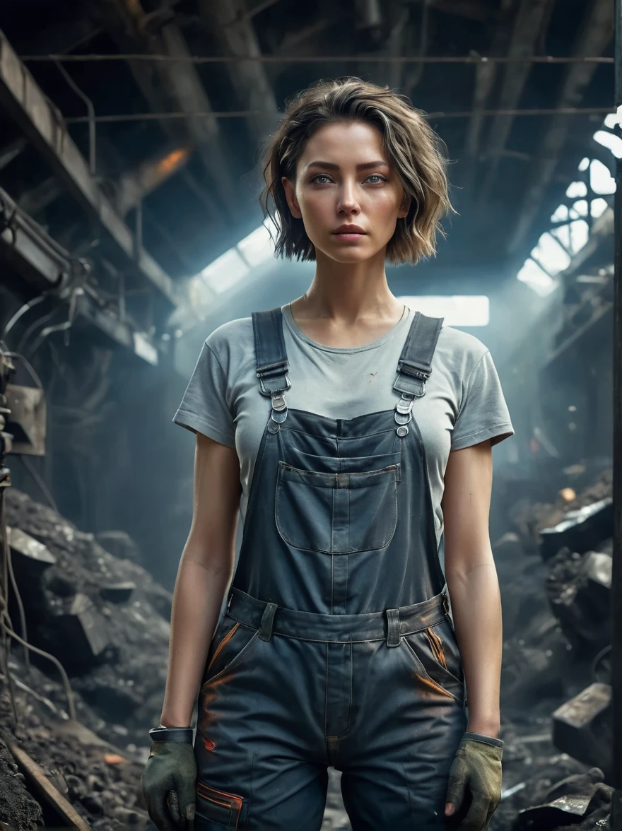 (Vision:1.4), (Wide Angle:1.3), Analog style, Coal miners, woman, (Full body image:1.5), (dirty:1.4), (Dirty overalls, Tattered shoes), Cyberpunk, (Futuristic), (Science Fiction), Very detailed, short hair, Award-winning poster, (((1.4 times more realism))), Emphasize body lines, Staring at the camera, Looking at the camera, High-resolution RAW color photography, Professional photography, Extremely exquisite and beautiful, Extremely detailed, Fine details, Very large file size, Top quality, Photos taken with a SLR camera, multicolored eyes, masterpiece, 8K, anatomically correct, textured skin, accurate, award winning