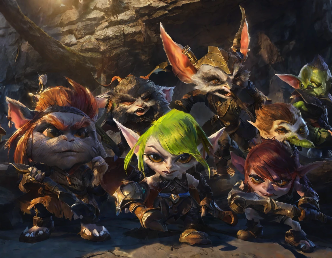 a ragtag horde of goblins, hordes of goblins, goblins charging at viewer, goblins surging forward, evil goblins, hungry goblins, goblins dressed in scrap furs and rags, goblins with big eyes, goblins with big ears, four elite goblins leading from rear, goblin shaman, goblin thief, goblin warrior, goblin warlock, dark cave, cave interior, dramatic lighting, cinematic composition, digital painting, concept art, fantasy, high detail, hyperrealistic, 8k, best quality
