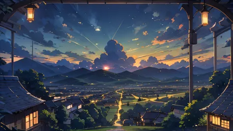 anime style，evening，eveningの空，mountain々，surrounded by clouds，green fields and forests，beautiful sky，beautiful views