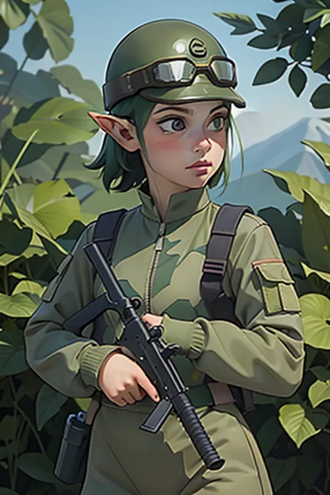 1female elf ,elfa militar,vestimenta militar,green camouflage uniform and wearing a helmet with goggles,holding firearm in your ...