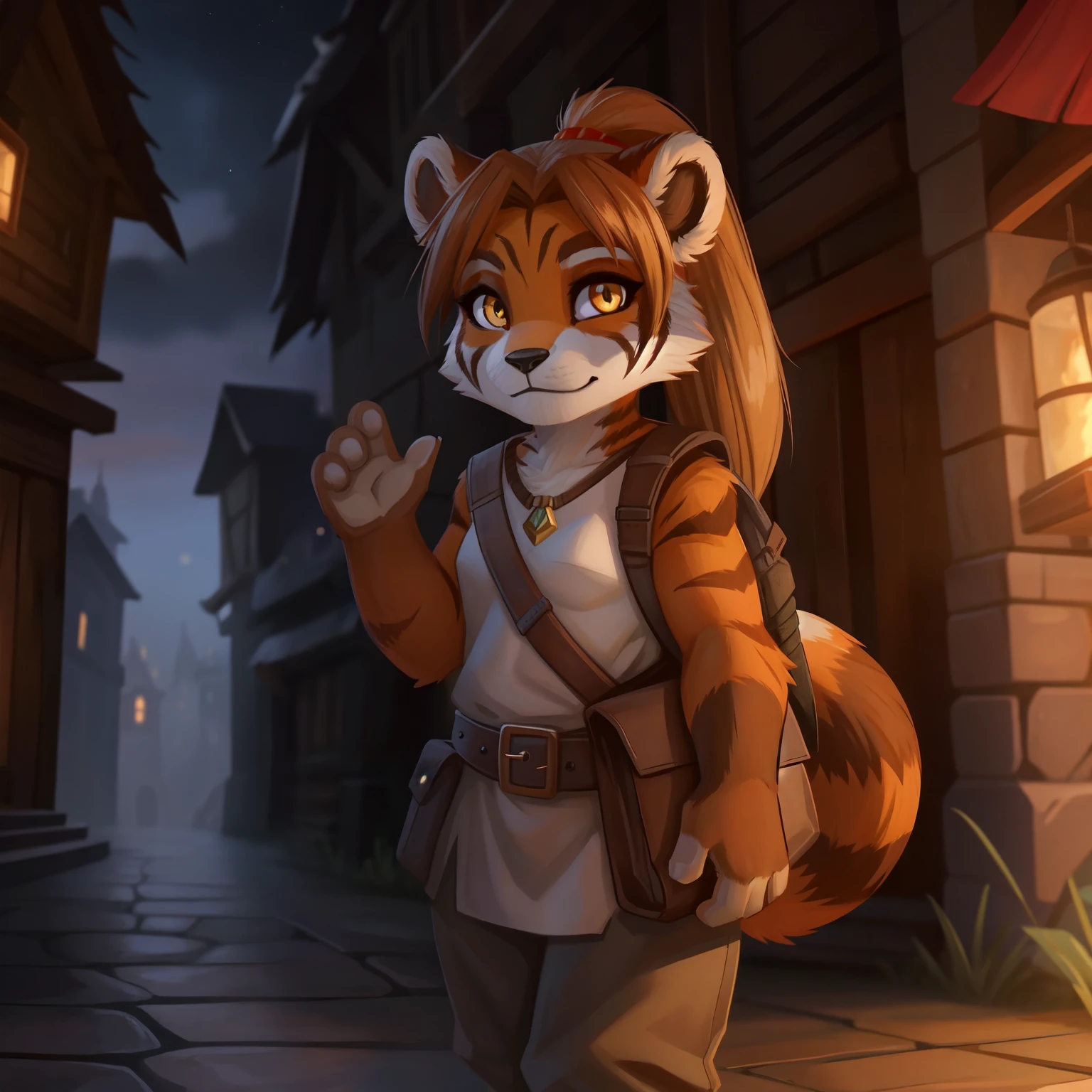 small_animal_ears, small_panda_ears, pandaren, world_of_warcraft, anthropomorphic, long_brown_ponytail, yellow_eyes, amber_eyes, 1female, fantasy, long_fluffy_tail, foxtail, original_character, red_panda, flat_chest, 4fingers, small_girl, tiger_stripes, backpack, rucksack, full_body, cobblestone_streets, stormwind_city, stormwind, medival_city, white_ears_with_red_inner_fur,