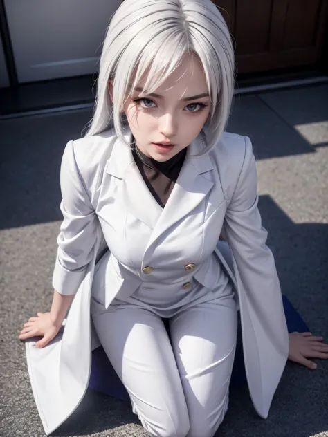 Hot bronya, white hair, white eyes, showing the tongue, kneeling, wearing a suit