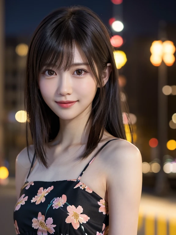 1 Japanese girl,(Floral dress:1.4), (RAW Photos, highest quality), (Realistic, Photorealistic:1.4), Tabletop, Very delicate and beautiful, Very detailed, 8k wallpaper, wonderful, In detail, Very detailedなCG Unity, High resolution, Soft Light, Beautifully detailed 19 year old girl, Very detailedな目と顔, Beautifully detailed nose, Beautiful fine details,Cinema Lighting,City lights at night,Perfect Anatomy,Slender body,smile (My hair is messy, Asymmetrical bangs, Black Hair,semi-long)