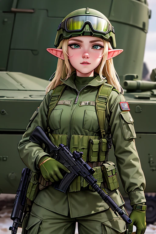 1female elf ,elfa militar,vestimenta militar,green camouflage uniform and wearing a helmet with goggles,holding firearm in your hands, parecendo estar pronta para o combate. The image depicts a military female elf, com um semblante determinado, positioned close to some type of military equipment.
