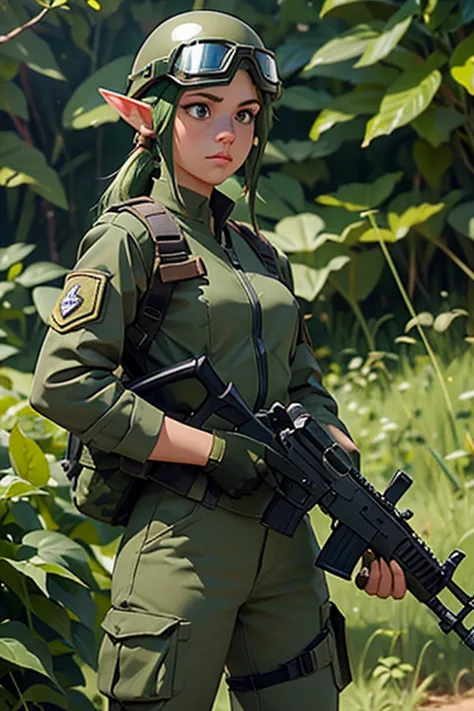 1female elf ,elfa militar,vestimenta militar,green camouflage uniform and wearing a helmet with goggles,holding firearm in your ...