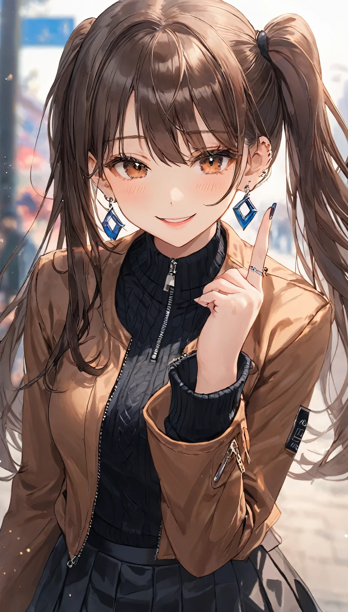 One girl, Ahoge, bangs, black skirt, black sweater, Blue Claws, Blurred, Blurred background, chest, Brown eyes, Brown Hair, brown Jacket, Mouth closed, Day included, Day, Depth of written boundary, Earrings, eyelash, Raise your hand, Tilt your head, Jacket, jewelry, Long Hair, Long sleeve, View Viewer, medium chest, Manicure, Open clothes, open Jacket, Outdoor, Pursed lips, Tucked in shirt, Side Lock, skirt, Sleeves are longer than the wrist, alone, sweater, Upper Body, zipper, smile, ((masterpiece)), 