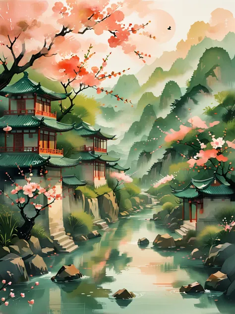 (Chinese Landscape), Abstract Painting, (Zen, Amy Sol Style), (spring, Green Trees, Peach Blossom, Creek, Chinese Architecture),...
