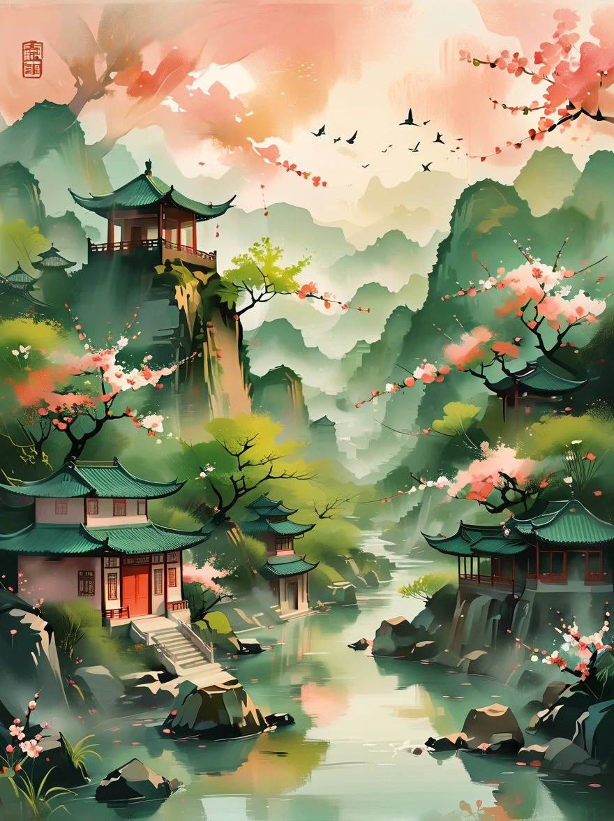 (Chinese Landscape), Abstract Painting, (Zen, Amy Sol Style), (spring, Green Trees, Peach Blossom, Creek, Chinese Architecture), Mildly abstract cover art, Simple vector art, Contemporary Chinese Art, Color gradient, Soft tones, Hierarchical form, Whimsical animation, Style: ethereal and abstract, anatomically correct, masterpiece, accurate, award winning, best quality, 8k