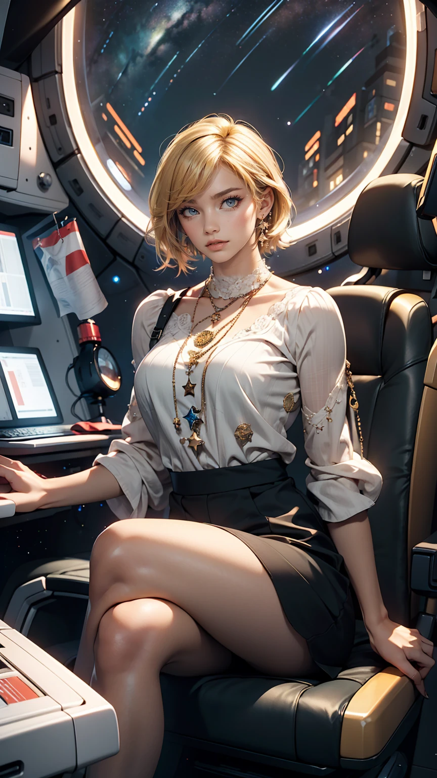 A young sexy woman with short hair and blonde hair in sexy clothes sits in a spaceship seat、A beautiful starry sky can be seen from the window.。