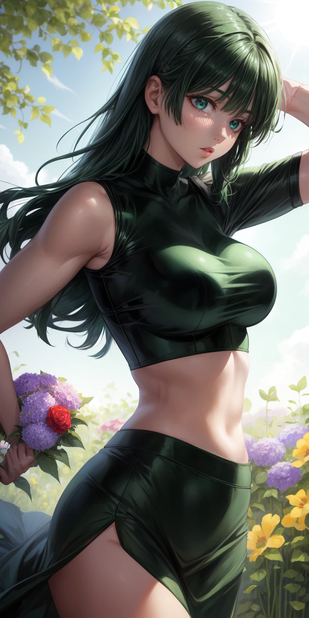 realistic, 1girl, Fubuki, green hair, green eyes, big round breasts, pure white skin, shining eyes, dark green crop top, dark green skirt, parted lips, rouge, night, flowers, sun, sunshine