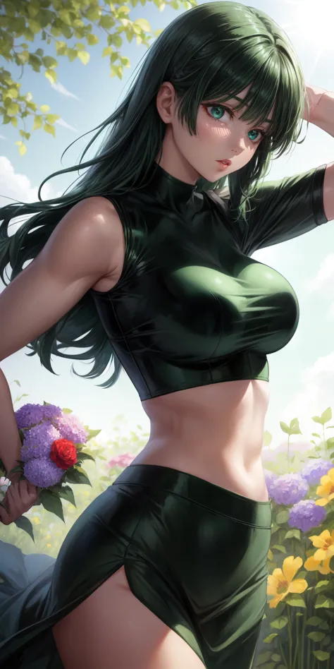 realistic, 1girl, fubuki, green hair, green eyes, big round breasts, pure white skin, shining eyes, dark green crop top, dark gr...