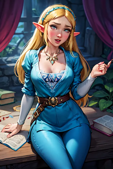 princess zelda, 1 garota, artist request, cinto, cabelo loiro, camisa azul, livro, botas, inexpressivo, corpo todo, olhos verdes...