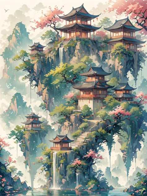 (Chinese Landscape), (abstract), (Zen, Amy Sol Style), ((spring, Green Trees, Peach Blossom, Creek, Chinese Architecture)), 轻度ab...