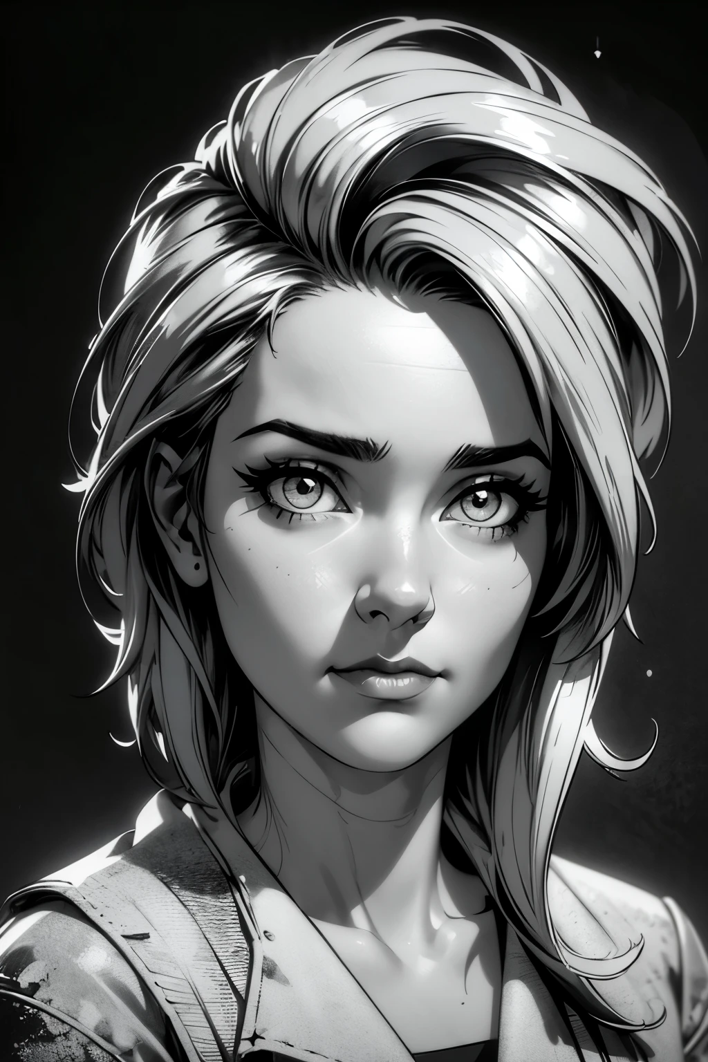 A girl in a mugshot, sketch, black and white, detailed features, cute, vintage style, high contrast lighting, expressive eyes, tousled hair. (best quality, highres, realistic:1.37), vintage, monochrome, intense gaze, dramatic lighting, rugged background, distressed paper texture, retro vibes, id photo, front view