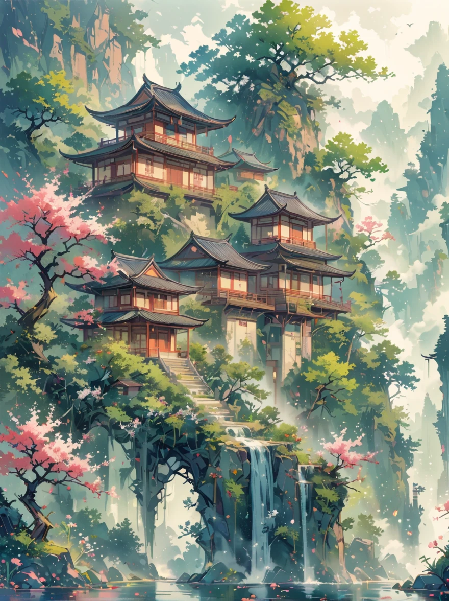 (Chinese Landscape), (abstract), (It was, Amy Sol Style), ((spring, Green Trees, Peach Blossom, Creek, Chinese Architecture)), Mildly abstract cover art, Simple vector art, Contemporary Chinese Art, Color gradient, Soft tones, Hierarchical form, Whimsical animation, Abstract, anatomically correct, masterpiece, accurate, award winning, best quality, 8K