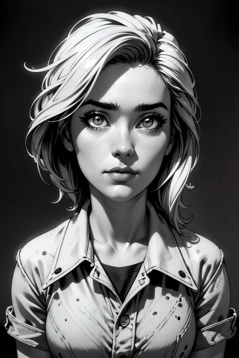 A girl in a mugshot, sketch, black and white, detailed features, cute, vintage style, high contrast lighting, expressive eyes. (...