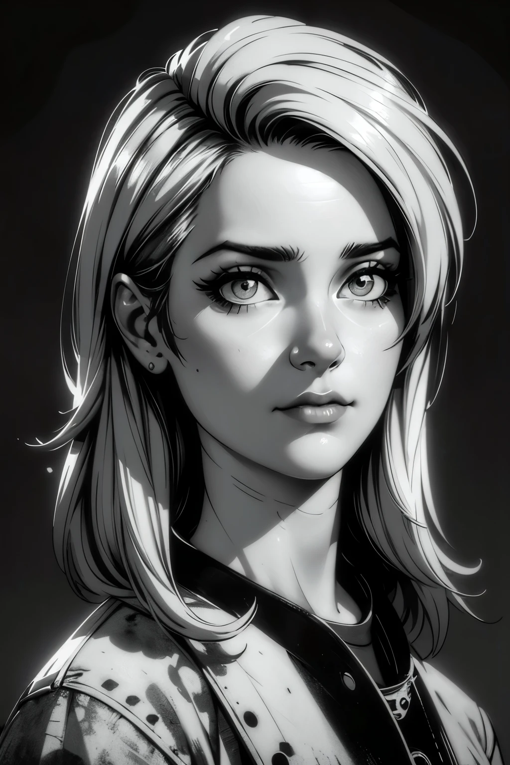 A girl in a mugshot, sketch, black and white, detailed features, cute, vintage style, high contrast lighting, expressive eyes. (best quality, highres, realistic:1.37), vintage, monochrome, intense gaze, dramatic lighting, rugged background, distressed paper texture, retro vibes, id photo, front view