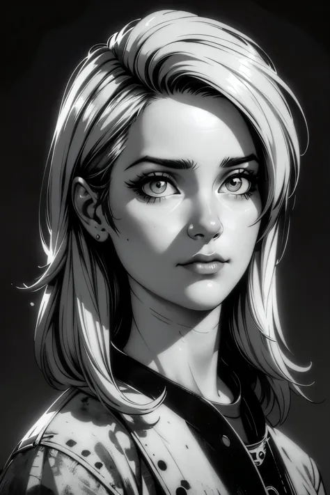 a girl in a mugshot, sketch, black and white, detailed features, cute, vintage style, high contrast lighting, expressive eyes. (...