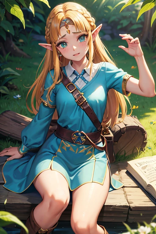 princesse zelda, 1 fille, demande d&#39;artiste, ceinture, cheveux blonds, chemise azul, livre, bottes, pince-sans-rire, tout le corps, yeux verts, haute résolution, regarder le spectateur, la magie, Nintendo, pantalon, oreilles pointues, chemise, cheveux courts, fond simple, seul, Une Lenda de Zelda, Une Lenda de Zelda: souffle de la nature, Une Lenda de Zelda: les larmes du royaume, fleur faite de lumière, la magie