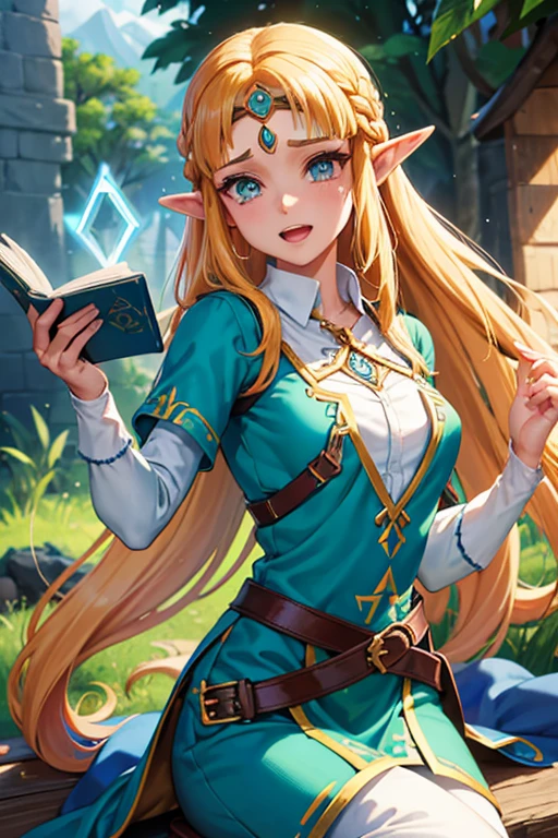 princesse zelda, 1 fille, demande d&#39;artiste, ceinture, cheveux blonds, chemise azul, livre, bottes, pince-sans-rire, tout le corps, yeux verts, haute résolution, regarder le spectateur, la magie, Nintendo, pantalon, oreilles pointues, chemise, cheveux courts, fond simple, seul, Une Lenda de Zelda, Une Lenda de Zelda: souffle de la nature, Une Lenda de Zelda: les larmes du royaume, fleur faite de lumière, la magie