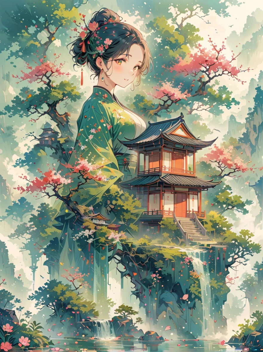 (Chinese Landscape), (Abstract Painting), (Zen, Amy Sol Style), ((spring, Green Trees, Peach Blossom, Creek, Chinese Architecture)), Mildly abstract cover art, Simple vector art, Contemporary Chinese Art, Color gradient, Soft tones, Hierarchical form, Whimsical animation, ethereal abstract, (Vivid colors, Super Saturation, Bright), anatomically correct, masterpiece, accurate, award winning, best quality, 8k