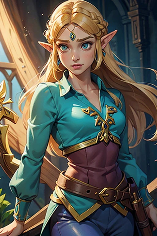 Princess Zelda, 1 girl, artist request, waist belt, hair blonde, chemise azul, Boken, booties, unexpressive, whole body, greeneyes, high resolution, gazing at viewer, magie, nintendo, pants, pointy ears, chemise, shorth hair, simple background, standing alone, a lenda de Zelda, a lenda de Zelda: breath of the wild, a lenda de Zelda: Tears of the Kingdom, flower made of light, magie