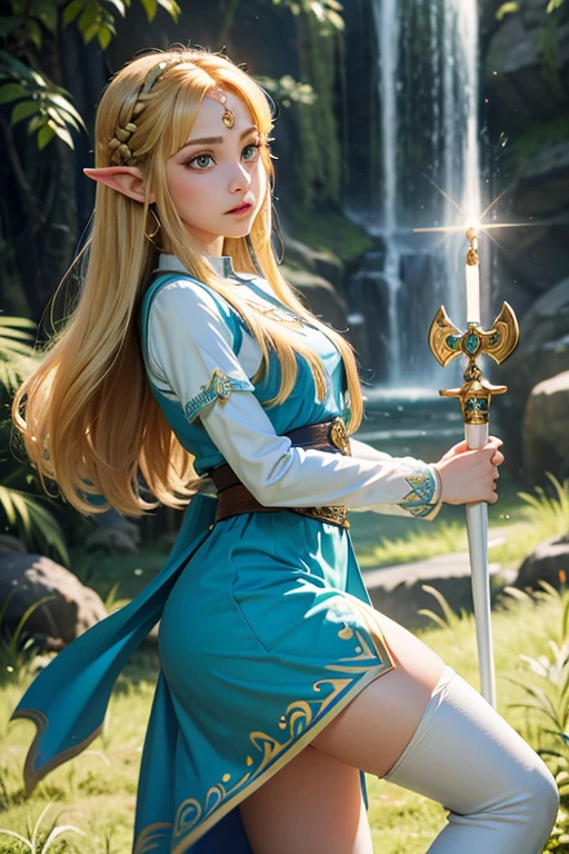 princess zelda, 1 garota, artist request, cinto, cabelo loiro, camisa azul, livro, Botas, inexpressivo, corpo todo, olhos verdes, high resolution, olhando para o espectador, Magia, nintendo, pants, Orelhas pontudas, camisa, cabelo curto, fundo simples, Sozinho, A Lenda de Zelda, A Lenda de Zelda: sopro da natureza, A Lenda de Zelda: Tears of the Kingdom, flor feita de luz, Magia