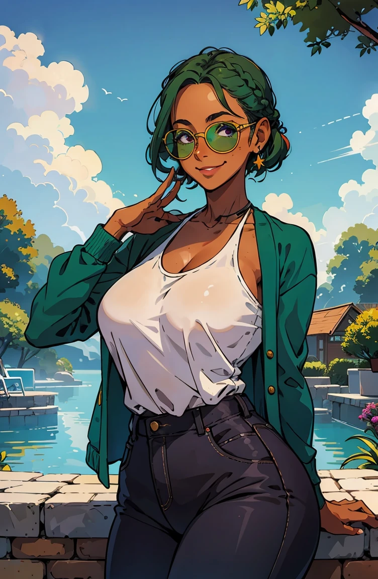 (best quality:1.1),garden background, outside, sunny sky, original,1girl,chic,trendy,short braided hair, tanned skin, freckles on face, glasses, looking down, makeup, 1970's, dark green hair, dark purple eyes, hippie jacket, white top, teal green jeans, anime style, niji, looking at the viewer smiling, big breasts, Perfectly detailed face, sunglasses with light green lenses , plump ass