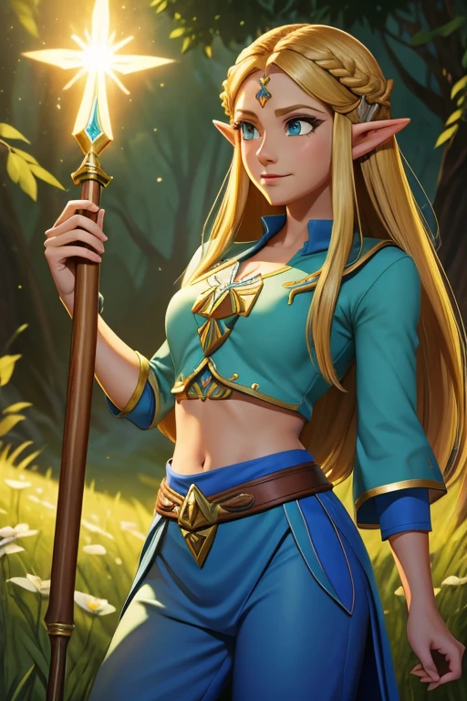 princesa zelda, 1 chica, solicitud de artista, cinturón, pelo rubio, Camisa azul, libro, Botas, inexpresivo, todo el cuerpo, ojos verdes, Alta resolución, mirando al espectador, magia, Nintendo, pantalones, orejas puntiagudas, Camisa, pelo corto, fondo sencillo, solo, A Lenda de Zelda, A Lenda de Zelda: aliento de la naturaleza, A Lenda de Zelda: lágrimas del reino, flor hecha de luz, magia