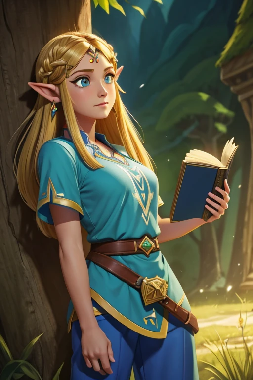 princesa zelda, 1 chica, solicitud de artista, cinturón, pelo rubio, Camisa azul, libro, Botas, inexpresivo, todo el cuerpo, ojos verdes, Alta resolución, mirando al espectador, magia, Nintendo, pantalones, orejas puntiagudas, Camisa, pelo corto, fondo sencillo, solo, A Lenda de Zelda, A Lenda de Zelda: aliento de la naturaleza, A Lenda de Zelda: lágrimas del reino, flor hecha de luz, magia